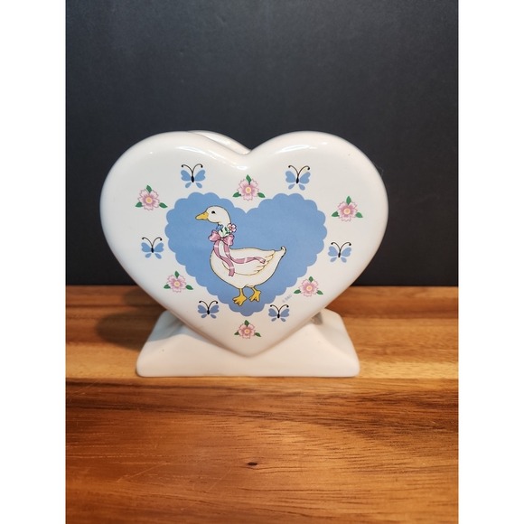 Vtg Treasure Craft Napkin Holder "Ribbon Geese" White Ceramic Heart Geese Design - Picture 3 of 6